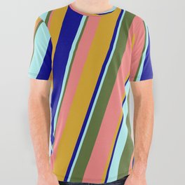 [ Thumbnail: Colorful Dark Olive Green, Light Coral, Goldenrod, Dark Blue, and Turquoise Colored Lined Pattern All Over Graphic Tee ]