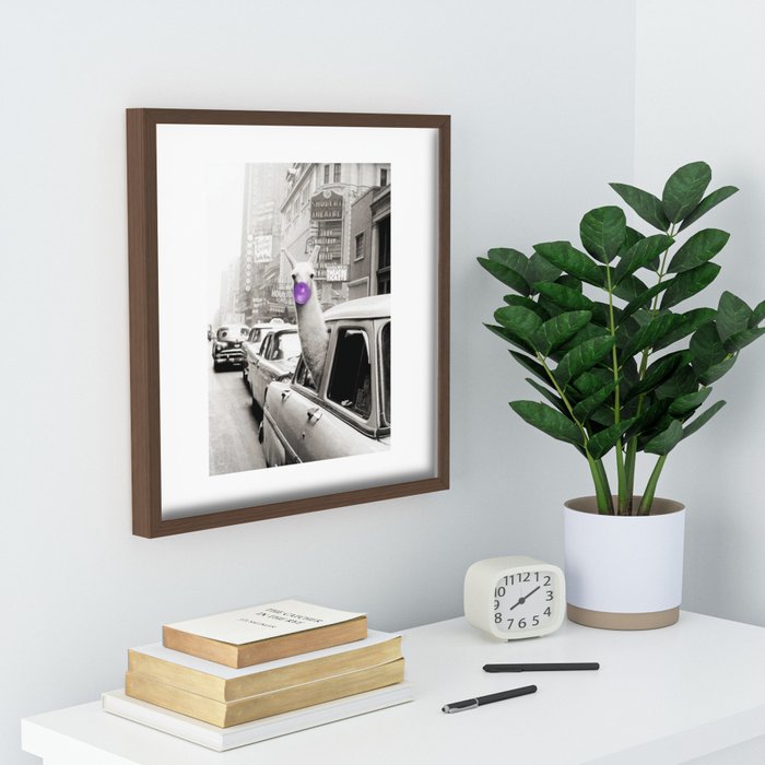 Hubba Bubba Purple Bubble Gum Llama taking a New York Taxi cab black and  white photograph Cutting Board by Astrid Arkhangelsky