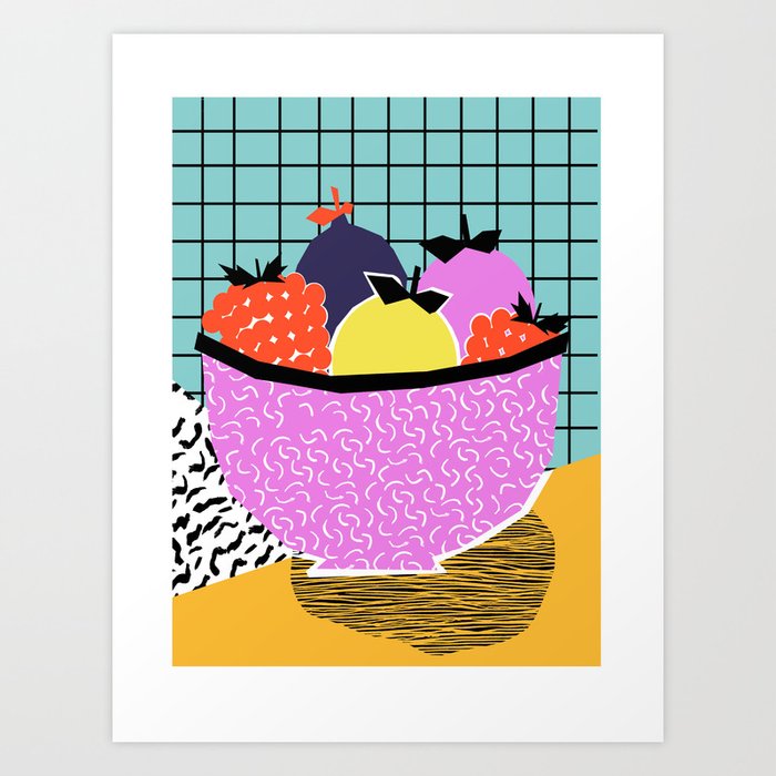 Crucial - modern pop art throwback neon miami memphis design geometric grid fruit food art print Art Print