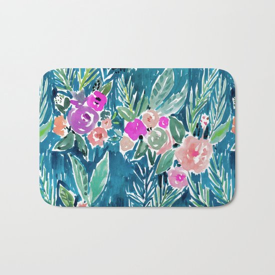 NAVY PARADISE FLORAL Tropical Hibiscus Palm Pattern Bath Mat