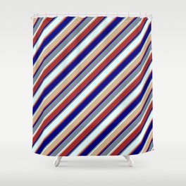 [ Thumbnail: Blue, Light Slate Gray, Light Cyan, Tan & Brown Colored Stripes/Lines Pattern Shower Curtain ]