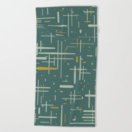 Mid-Century Modern Kinetikos Pattern in Deep Teal, Mustard Gold, and Celadon Beach Towel