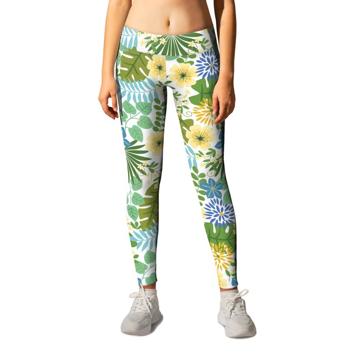Tropical Blue and Yellow Floral Leggings
