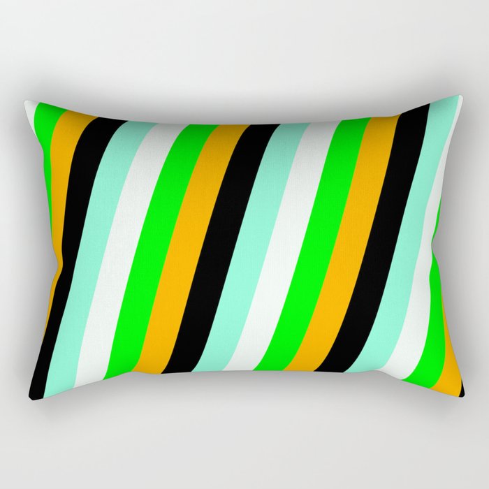 Vibrant Lime, Orange, Black, Aquamarine & Mint Cream Colored Pattern of Stripes Rectangular Pillow