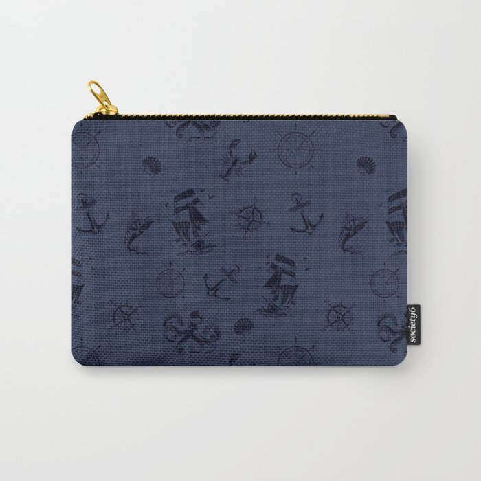 Navy Blue And Blue Silhouettes Of Vintage Nautical Pattern Carry-All Pouch