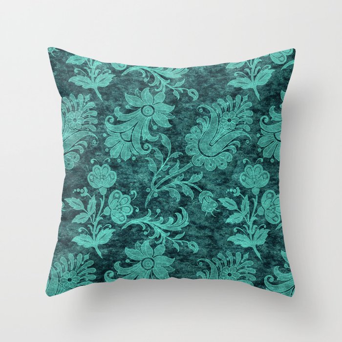 Burgundy Turquoise Velvet Floral Pattern 10 Throw Pillow by Bridax