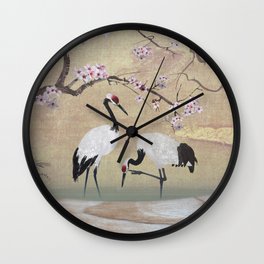 Cranes Under Cherry Tree Wall Clock
