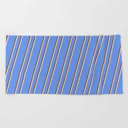 [ Thumbnail: Cornflower Blue, Brown, and Bisque Colored Lines Pattern Beach Towel ]
