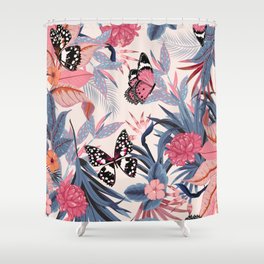 seamless beautiful artistic bright tropical pattern with exotic forest. Colorful original stylish floral background print, bright rainbow colors on light pink Shower Curtain