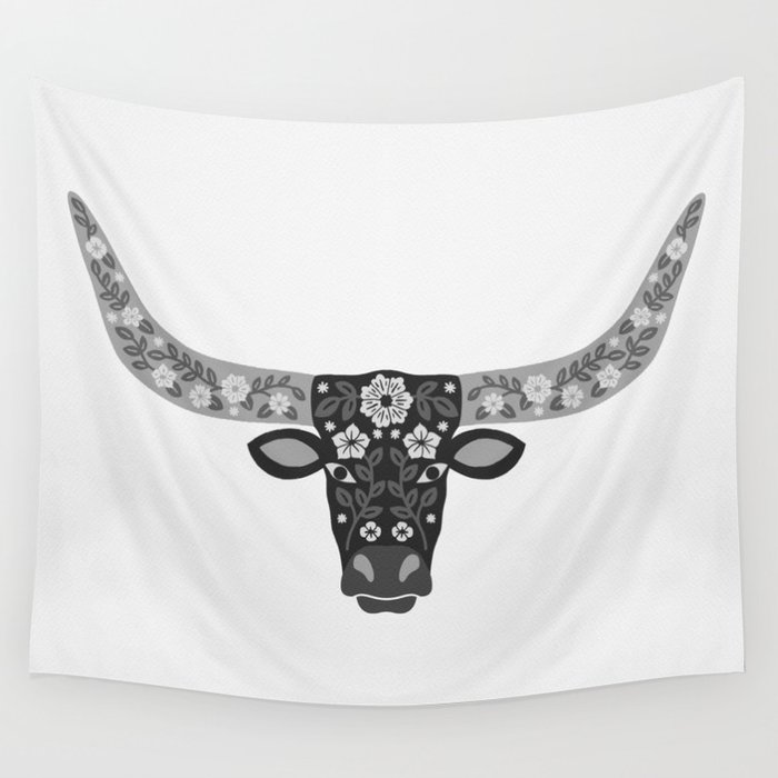 Floral Longhorn – Black and White Wall Tapestry