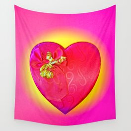 Red valentine heart design shape with a golden tassel on a yellow and pink background Wall Tapestry