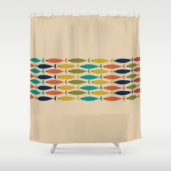 Midcentury Modern Multicolor Fish Stripe Pattern in Olive, Mustard, Orange, Teal, Beige Shower Curtain