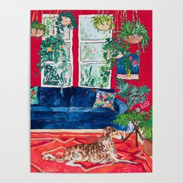 Red Interior with Borzoi Dog and House Plants Painting Poster