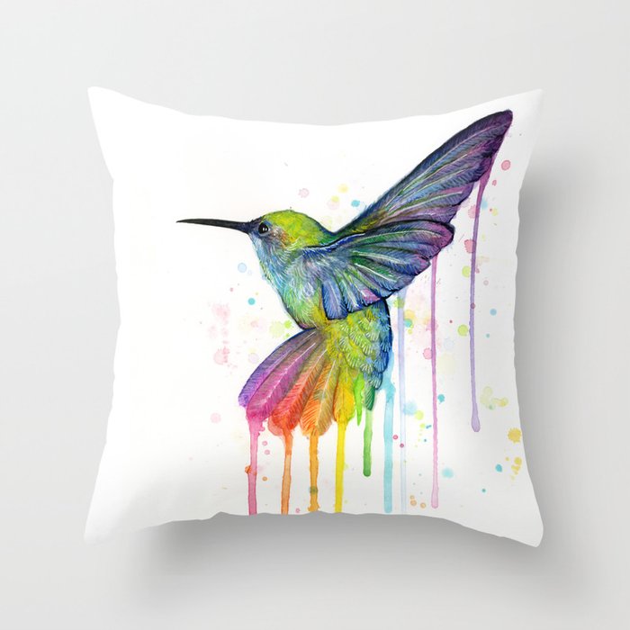 Hummingbird Rainbow Watercolor Throw Pillow
