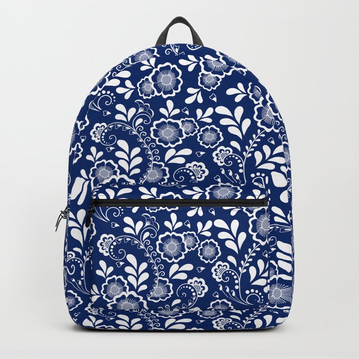 Blue And White Eastern Floral Pattern Backpack