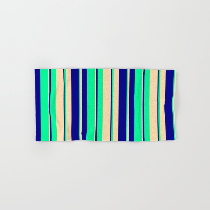 Tan, Dark Blue & Green Colored Stripes/Lines Pattern Hand & Bath Towel