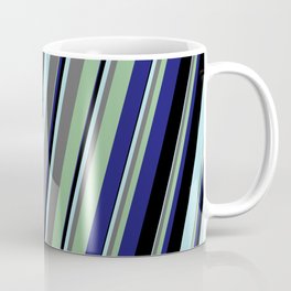 [ Thumbnail: Powder Blue, Dim Gray, Dark Sea Green, Midnight Blue, and Black Colored Lines/Stripes Pattern Coffee Mug ]