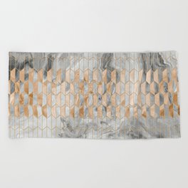 Art Deco Cream Gold + Gray Abstract Marble Geometry Beach Towel