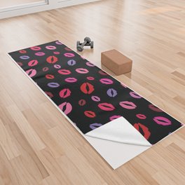 Lipstick kisses on black background. Digital Illustration background Yoga Towel