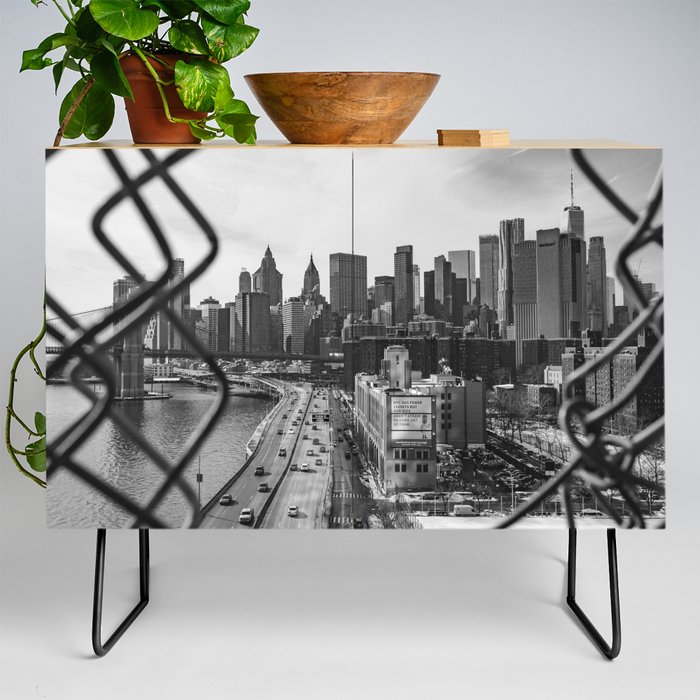 Views of New York City | Skyline and Brooklyn Bridge Through the Fence | Black and White Credenza