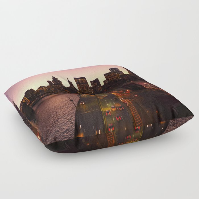 New York City Manhattan skyline and Brooklyn Bridge at sunset Floor Pillow