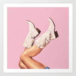 These Boots - Glitter Pink Art Print | Diamonds, Cowboyboots, Retro Vintage, Cowgirlboots, Boho, Legs, Trend, Bling Shiny, Curated, Disco 