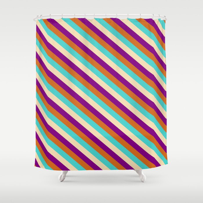 Purple, Chocolate, Turquoise & Tan Colored Striped Pattern Shower Curtain