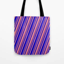 [ Thumbnail: Light Coral & Blue Colored Lines/Stripes Pattern Tote Bag ]