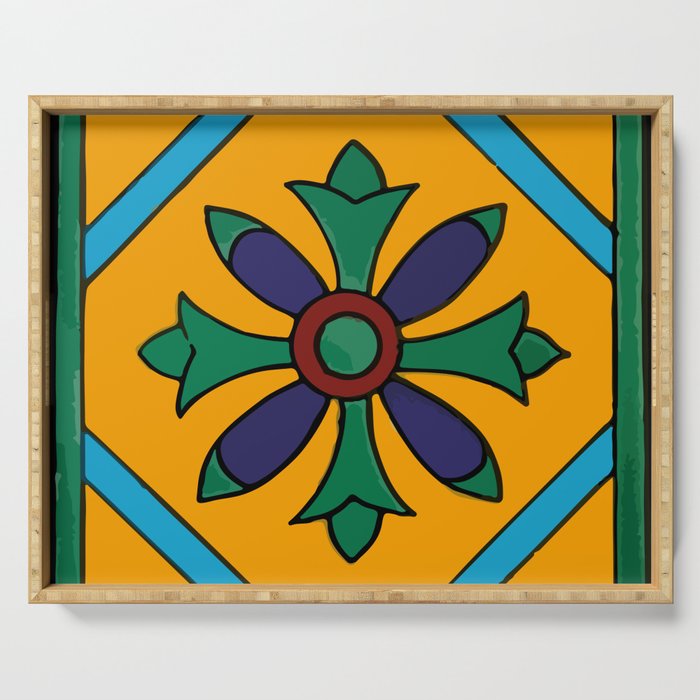 Bold color block blue flower geometric neo mexican talavera tile    Serving Tray