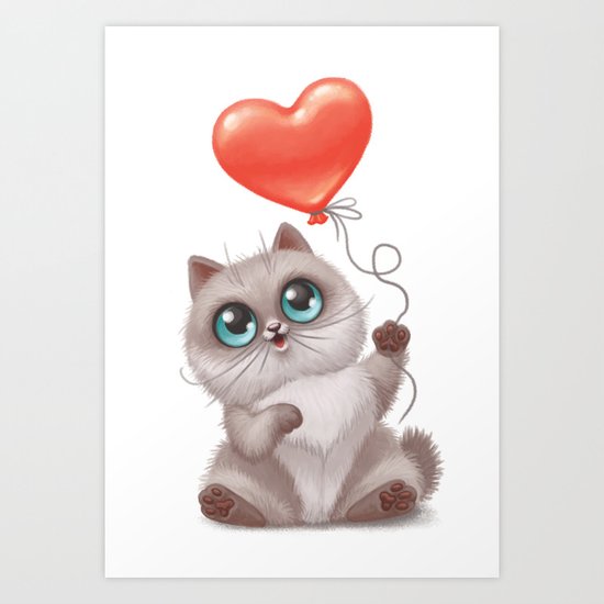 Download Kitten With Heart Shaped Balloon Art Print By Artshe Society6