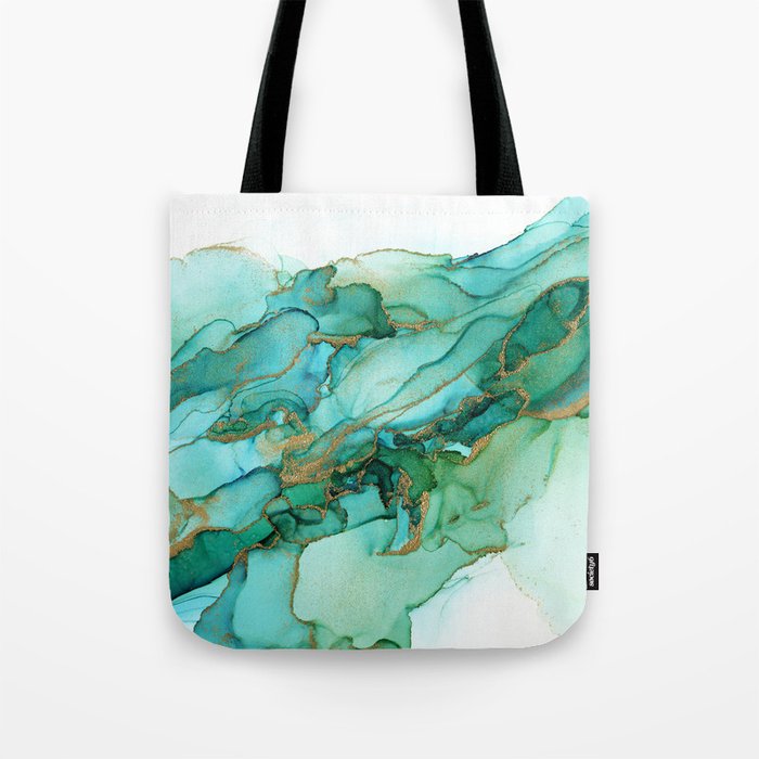 Emerald Gold Waves Abstract Ink Tote Bag