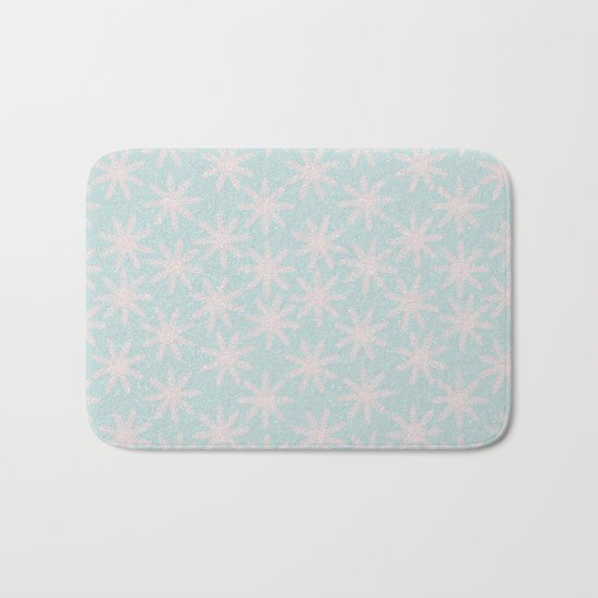 Merry christmas- pink snowflakes and snow on aqua backround Bath Mat