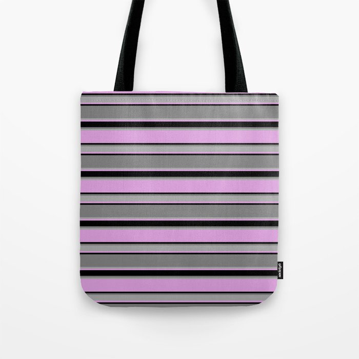 Plum, Black, Gray, and Dark Grey Colored Striped/Lined Pattern Tote Bag