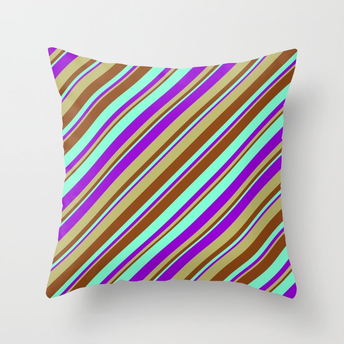 Aquamarine, Dark Violet, Dark Khaki, and Brown Colored Stripes/Lines Pattern Throw Pillow