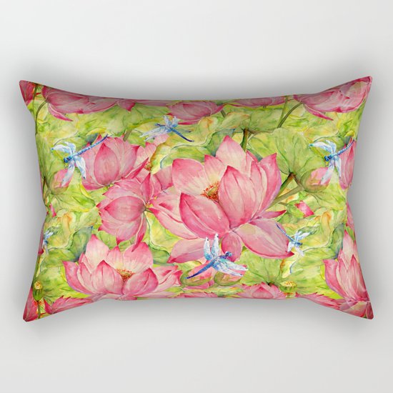 Floral Lotus Flowers Pattern with Dragonfly Rectangular Pillow