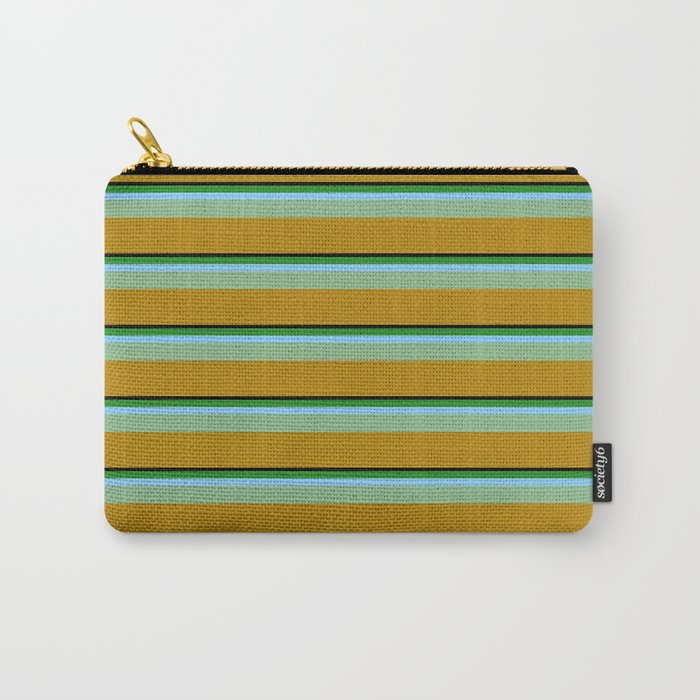 Vibrant Black, Forest Green, Light Sky Blue, Dark Sea Green & Dark Goldenrod Colored Stripes Pattern Carry-All Pouch