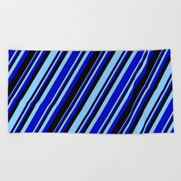 [ Thumbnail: Light Sky Blue, Blue & Black Colored Stripes/Lines Pattern Beach Towel ]