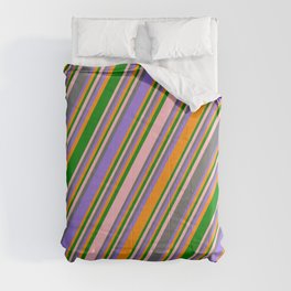 [ Thumbnail: Colorful Light Pink, Dim Grey, Purple, Dark Orange & Green Colored Stripes Pattern Comforter ]