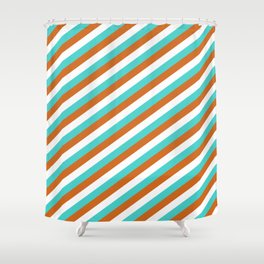 [ Thumbnail: Chocolate, White, and Turquoise Colored Stripes Pattern Shower Curtain ]