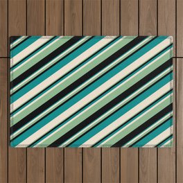 [ Thumbnail: Dark Cyan, Beige, Dark Sea Green, and Black Colored Lines/Stripes Pattern Outdoor Rug ]