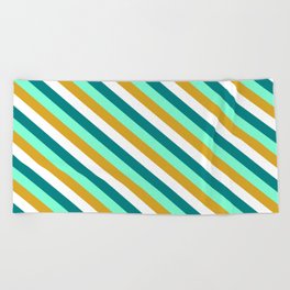 [ Thumbnail: Aquamarine, Goldenrod, White & Teal Colored Pattern of Stripes Beach Towel ]