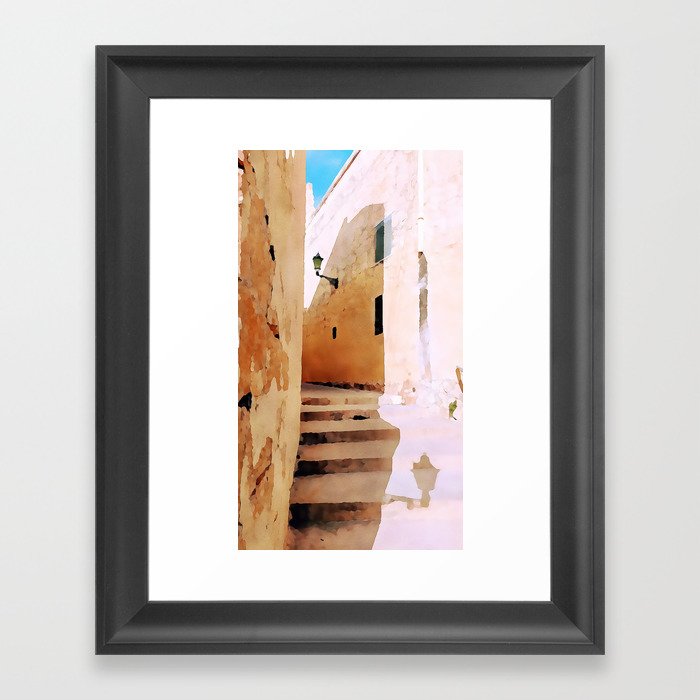Calm Alley - Mediterranean Watercolor Painting Framed Art Print