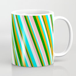 [ Thumbnail: Vibrant Dark Orange, Green, Light Pink, Mint Cream, and Aqua Colored Striped/Lined Pattern Coffee Mug ]