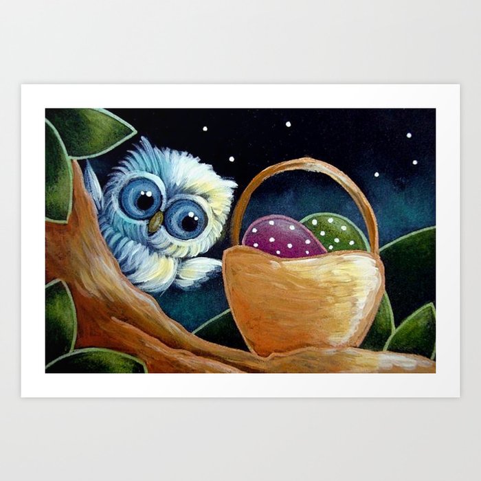 SPRING TINY BLUE OWL - HAPPY EASTER Art Print by ...