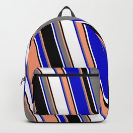 [ Thumbnail: Vibrant Light Salmon, Gray, Blue, White & Black Colored Lined/Striped Pattern Backpack ]