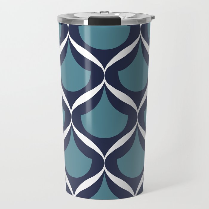 Moroccan Ogee Pattern 2.0 Blue Teal White Ribbon  Travel Mug