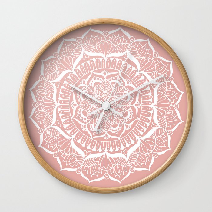 White Flower Mandala on Rose Gold Wall Clock