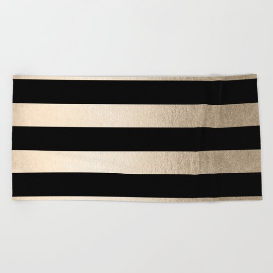Simply Striped White Gold Sands on Midnight Black Beach Towel