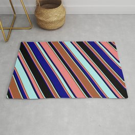 [ Thumbnail: Eyecatching Turquoise, Sienna, Light Coral, Blue, and Black Colored Lined Pattern Rug ]