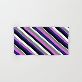[ Thumbnail: Eye-catching Gray, Orchid, Midnight Blue, Black, and Mint Cream Colored Stripes/Lines Pattern Hand & Bath Towel ]